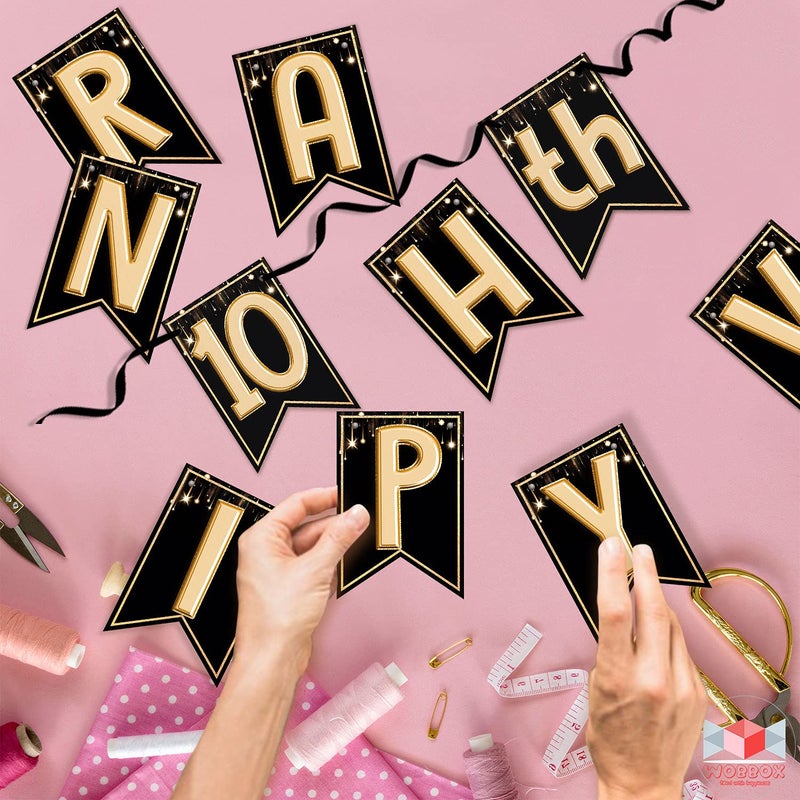Wobbox Happy Anniversary Bunting Banner Black & Copper Gold Text with Hanging Stars 10th Year with Happy Anniversary Party Props & Golden Colour Foil Fringe, Happy Anniversary Decoration Item - Image 4