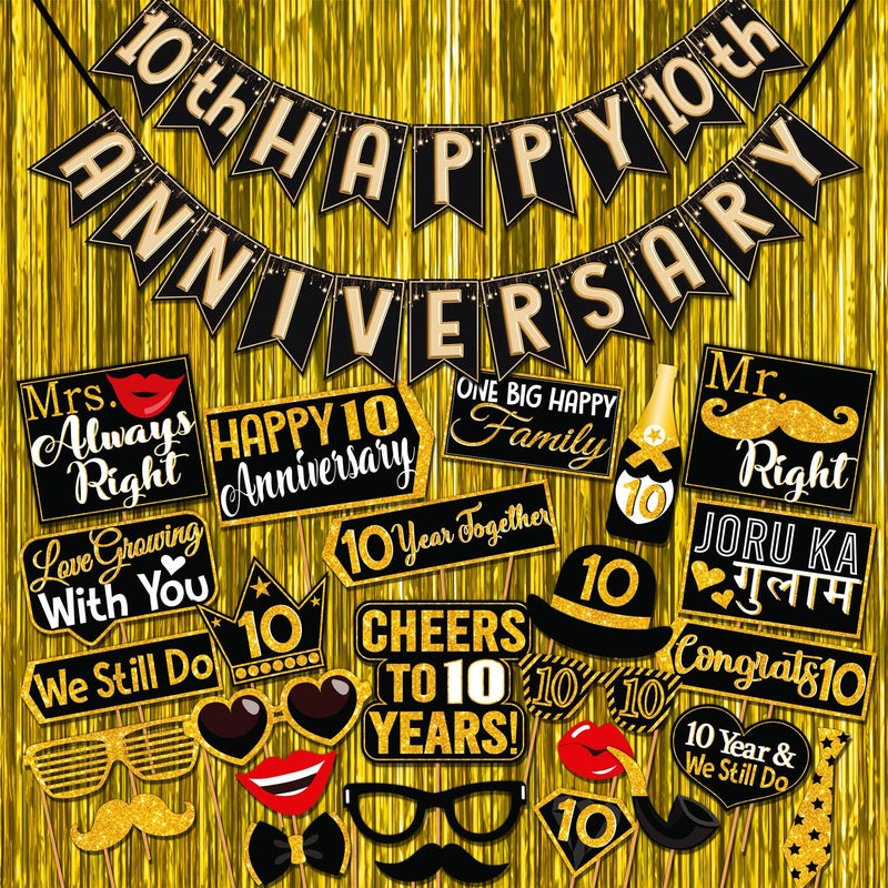Wobbox Happy Anniversary Bunting Banner Black & Copper Gold Text with Hanging Stars 10th Year with Happy Anniversary Party Props & Golden Colour Foil Fringe, Happy Anniversary Decoration Item - Image 1