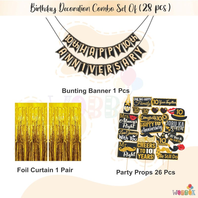 Wobbox Happy Anniversary Bunting Banner Black & Copper Gold Text with Hanging Stars 10th Year with Happy Anniversary Party Props & Golden Colour Foil Fringe, Happy Anniversary Decoration Item - Image 2