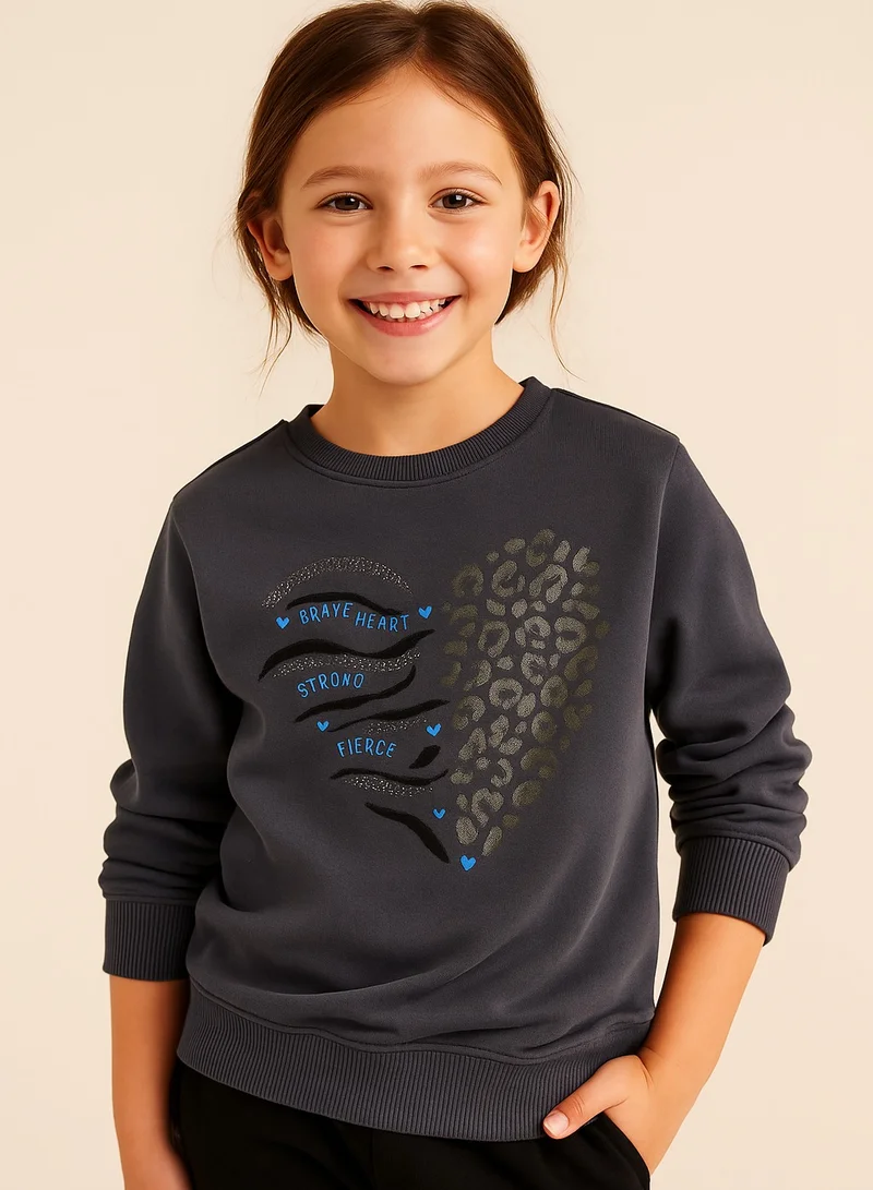 victor and jane Girls'  – Heart Graphic Embellished Sweatshirt | 100% Cotton,