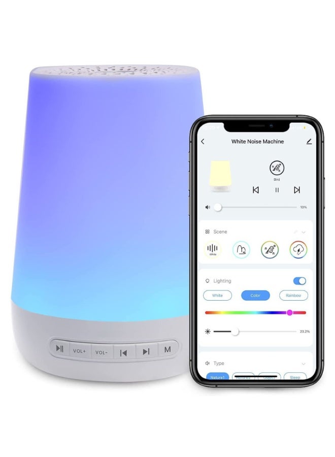 جهاز صوت للأطفال، جهاز ضوضاء بيضاء لنوم الطفل مع ضوء ليلي، مدرب نوم للأطفال الصغار 34 صوتًا مهدئًا للنوم، مؤقت، جهاز تحكم عن بعد بالتطبيق، ساعة منبه شخصية لروتين النوم (أزرق) - Image 1