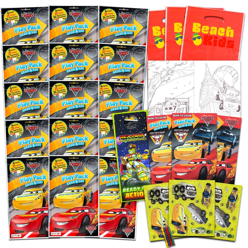 Bendon Set of 15 Kids Play Packs Fun Party Favors Coloring Book Crayons Stickers and Loot Bags Disney Cars - Image 2