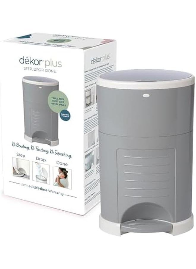 DEKOR - Plus Hands Free Diaper Pail Gray Easiest To Use Just Step Drop Done Doesn’T Absorb Odors 20 Second Bag Change Most Economical Refill System Great For Cloth Diapers - Image 1