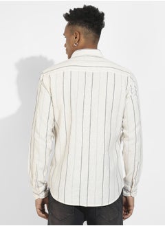 Campus Sutra Men's Beige Contrast Pinstriped Shirt  - Image 3