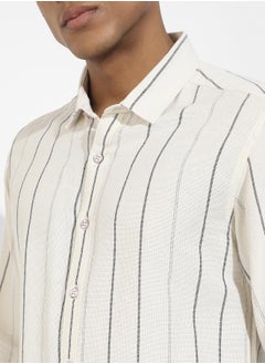 Campus Sutra Men's Beige Contrast Pinstriped Shirt  - Image 5