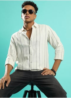 Campus Sutra Men's Beige Contrast Pinstriped Shirt  - Image 1
