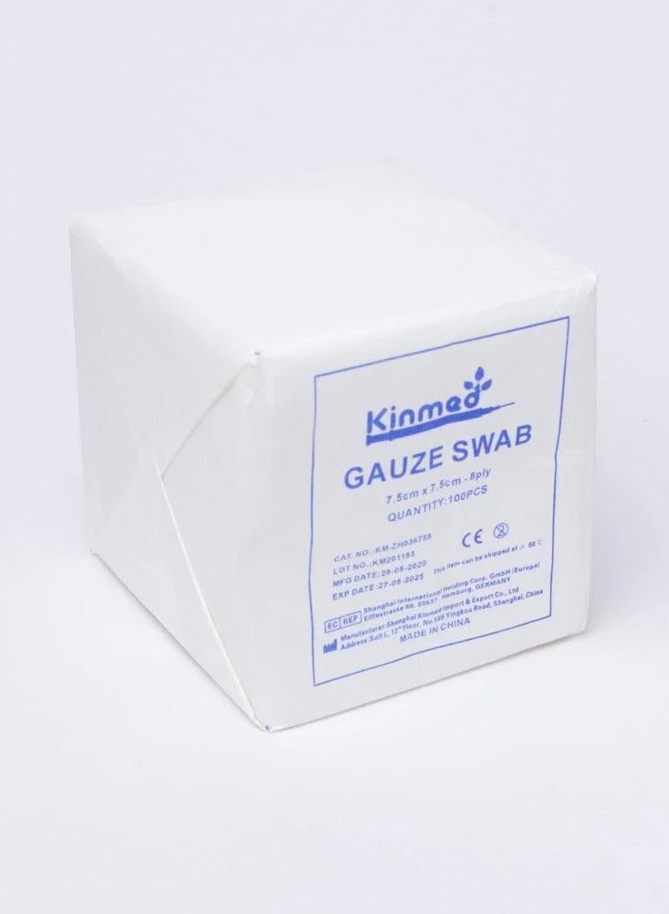 Kinmed Gauze Swabs by Kinmed - Soft & Absorbent Gauze Swabs – Ideal for Clinics & Home Use | 7.5cm x 7.5cm | 8-Ply | Pack of 100  - Image 1