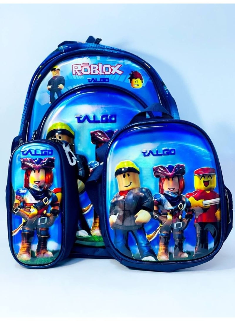 3-in-1 school bag set: includes the backpack, a lunch box, and a pencil case. Features a 3D embossed design on the front and is made of waterproof material; available in various colors and styles. The bag has three zippered compartments and measures 43 cm. - Image 1