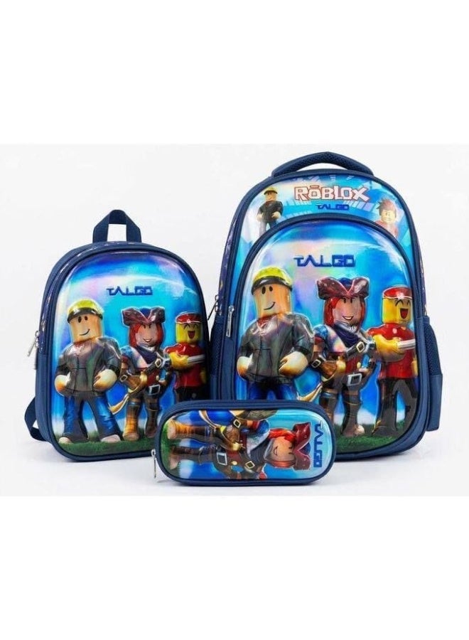3-in-1 school bag set: includes the backpack, a lunch box, and a pencil case. Features a 3D embossed design on the front and is made of waterproof material; available in various colors and styles. The bag has three zippered compartments and measures 43 cm. - Image 2