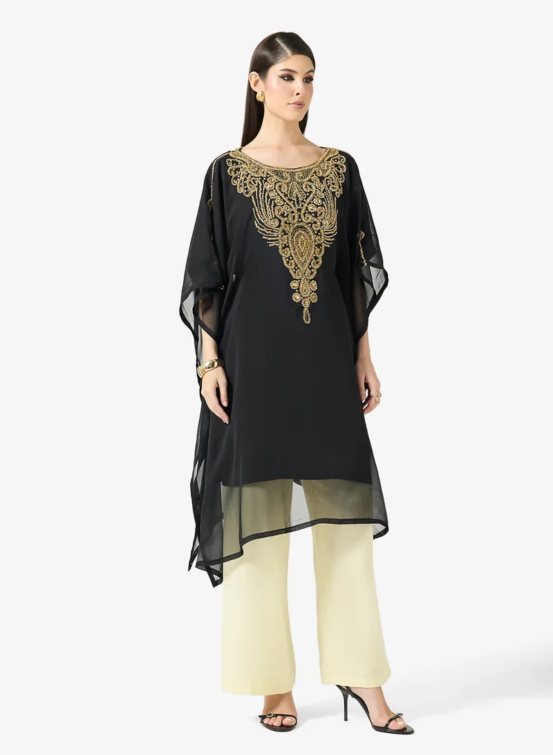 Gold Embroidered Round Neckline Kaftan