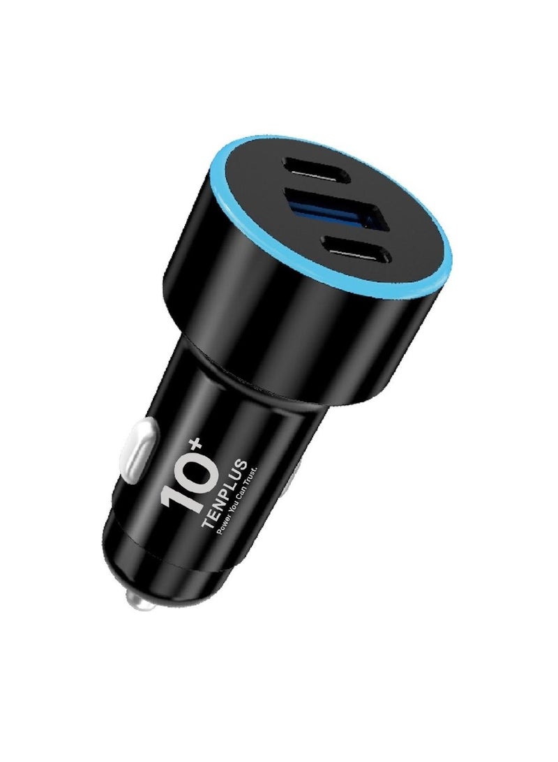 tenplus 60W 3-Ports Fast Car Charger 2 USB-C PD & 1 USB-A For  iPhone 17 16 15 & Galaxy S25 S24 S23 Ultra Black - Image 1