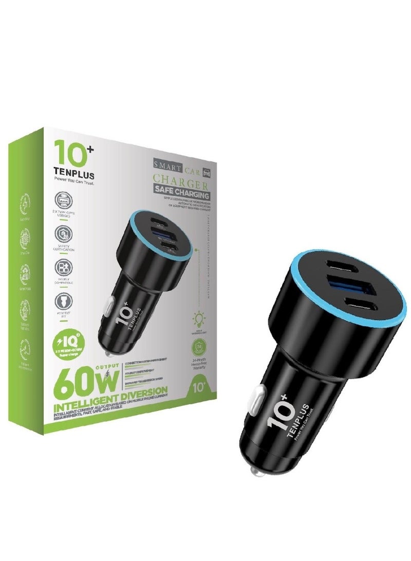 tenplus 60W 3-Ports Fast Car Charger 2 USB-C PD & 1 USB-A For  iPhone 17 16 15 & Galaxy S25 S24 S23 Ultra Black - Image 3
