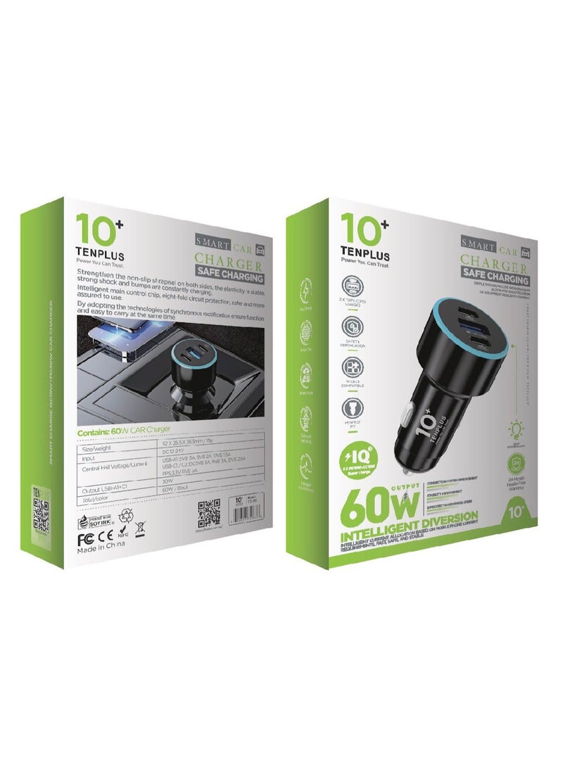 tenplus 60W 3-Ports Fast Car Charger 2 USB-C PD & 1 USB-A For  iPhone 17 16 15 & Galaxy S25 S24 S23 Ultra Black - Image 2