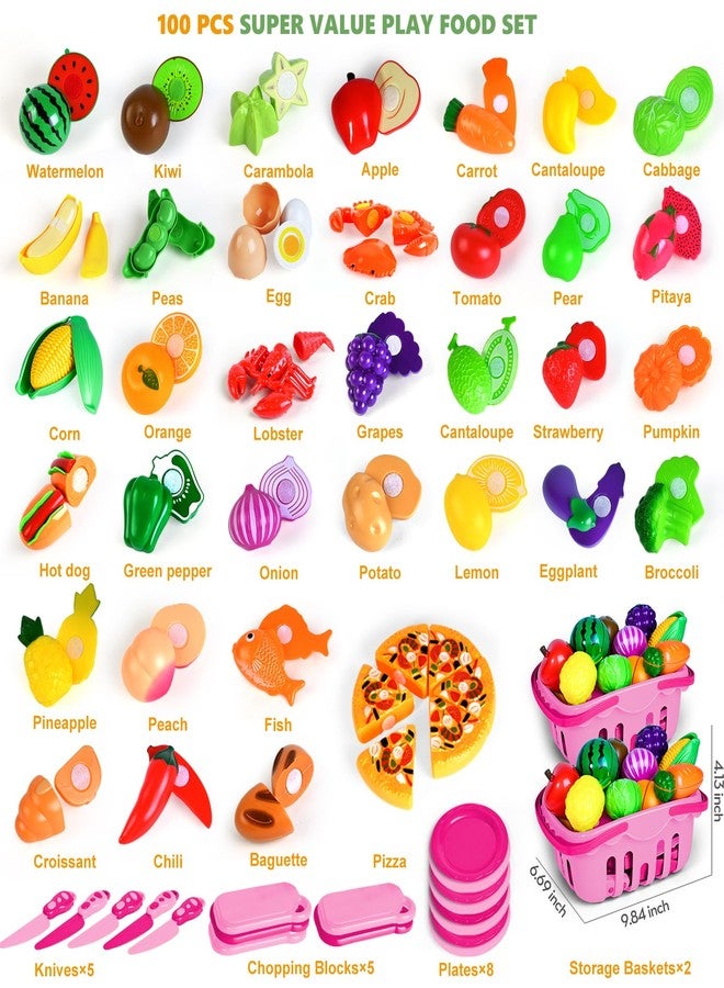 BAODLON 100 Pcs Play Food Set for Kids Kitchen, Pretend Food Toy for Toddlers, Play Kitchen Toys Accessories with 2 Baskets, Cutting Fake Food/Fruit/Vegetable, Christmas Birthday Gifts for Boys and Girls - Image 2