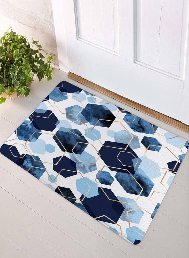LB حصيرة حمام رخامية زرقاء داكنة بتصميم هندسي مجرد بسماكة 24Wx16H بوصة، سجادة مدخل على شكل خلية نحل ذهبية غير قابلة للانزلاق من رغوة الذاكرة، ماصة، مناسبة لغرفة المعيشة وغرفة النوم. - Image 3