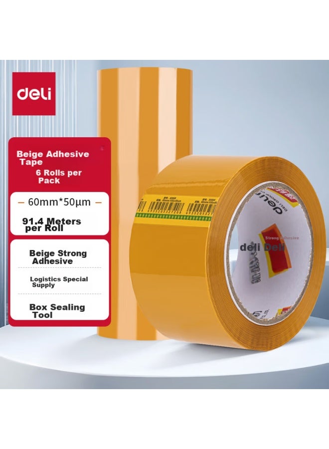 Deli High-quality Beige Packing Tape, Wide Adhesive Tape, 60mm*100y*50μm (91.4m/roll), 6 Rolls, Office Supplies, 30359 - Image 1