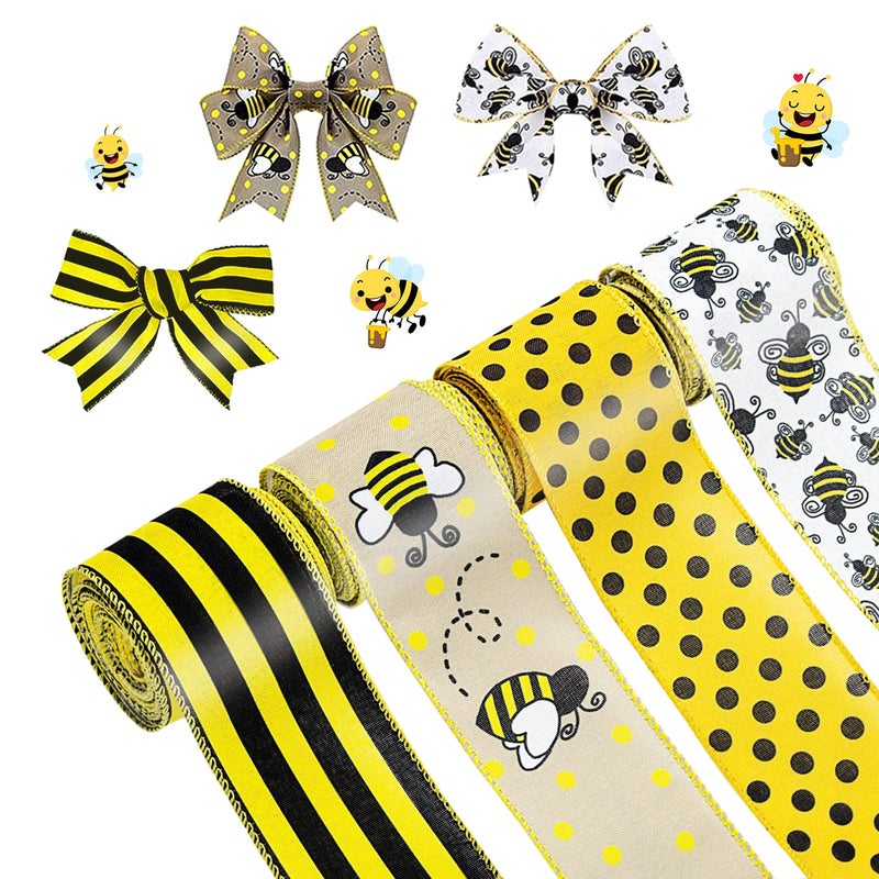 Bee Ribbon Wired Edge Ribbon Bumble Bee Polka Dot Yellow Wreath Ribbon 4 Rolls 26 Yards Honey Bee Ribbon for Bow Wrapping Making Crafts Easter Decorations Bee Themed Party Supplies