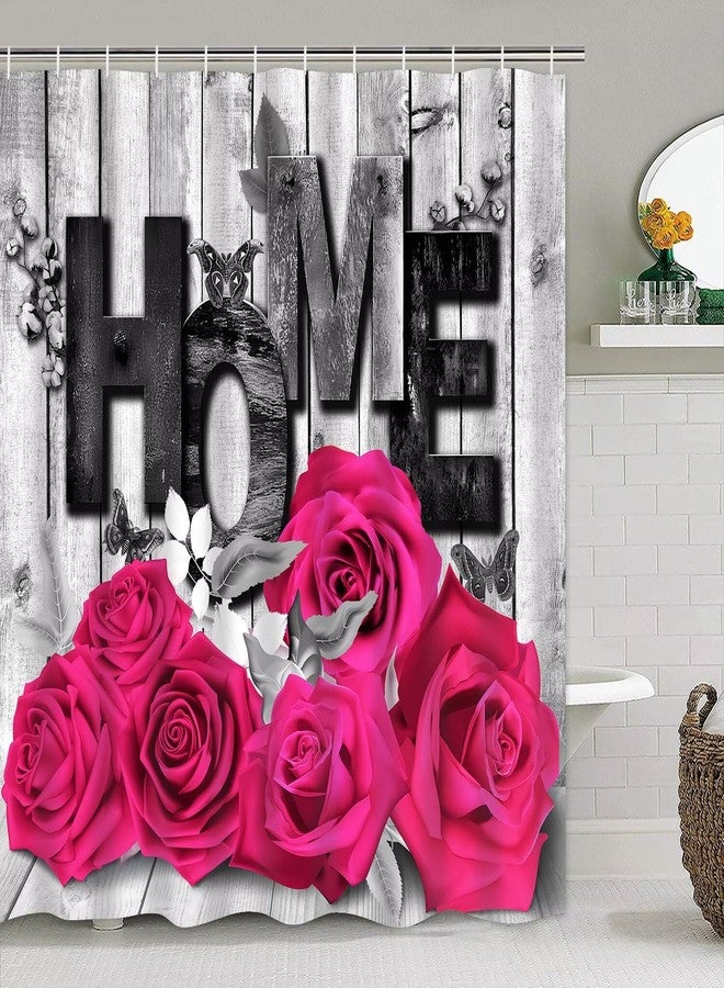 Yddsky Pink Rose Valentines 4 Pcs Shower Curtain Sets Non-Slip Rugs Bath Mat Toilet Cover U Shaped Mat Romantic Pink Bathroom Decor with 12 Hooks Valentines Day Bathroom Set - Image 2