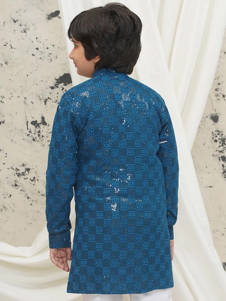 AJ DEZINES Kids Cotton Full Sleeve Blue Sequined Kurta for Boys - Ethnic wear | Special Occasion & Party Outfit | Chikankari Kurta for boys - Regular Fit (KURTA-1270-BLUE-6) - Image 2