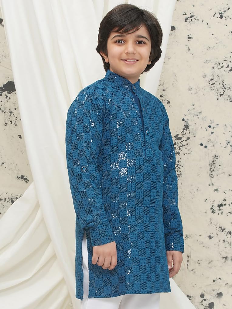 AJ DEZINES Kids Cotton Full Sleeve Blue Sequined Kurta for Boys - Ethnic wear | Special Occasion & Party Outfit | Chikankari Kurta for boys - Regular Fit (KURTA-1270-BLUE-6) - Image 5
