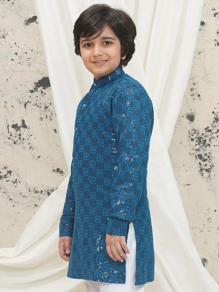 AJ DEZINES Kids Cotton Full Sleeve Blue Sequined Kurta for Boys - Ethnic wear | Special Occasion & Party Outfit | Chikankari Kurta for boys - Regular Fit (KURTA-1270-BLUE-6) - Image 4
