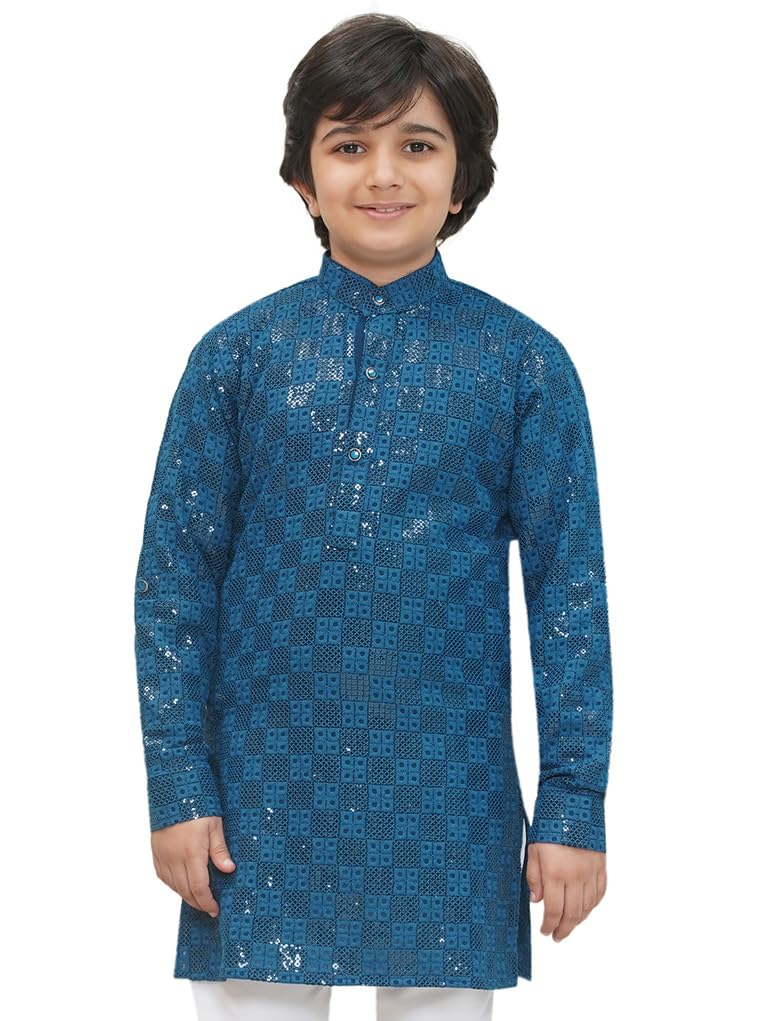 AJ DEZINES Kids Cotton Full Sleeve Blue Sequined Kurta for Boys - Ethnic wear | Special Occasion & Party Outfit | Chikankari Kurta for boys - Regular Fit (KURTA-1270-BLUE-6) - Image 1
