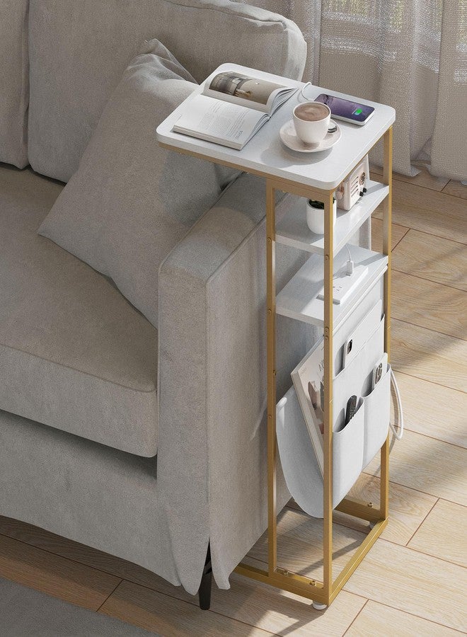 ZEXVIDA C Shaped End Table with Charging Station, 28"(H) 3-Tier C Table with Storage Bag, Under Couch Table C-Shaped End Table with Storage Shelves and Bag for Living Room, Bedroom, or Office - Image 1