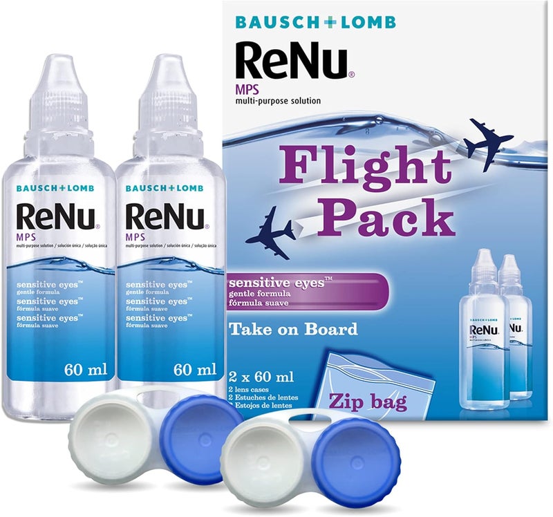 ReNu MultiPurpose Travel Contact Lens Solution 2X 60ml Flight Pack Size for Soft Lenses Gentle on Sensitive Eyes Clean Disinfect Rinse Lubricate and Store Your Lenses Lens Case Included - Image 1