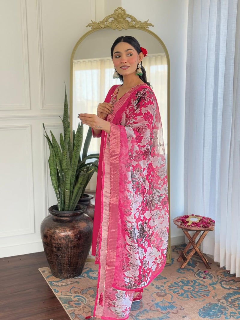 Naixa Women's Rani Viscose Embroidered Straight Kurta with Viscose Pant and Jacquard Printed Dupatta Sets (NX-666-Rani-L) - Image 3