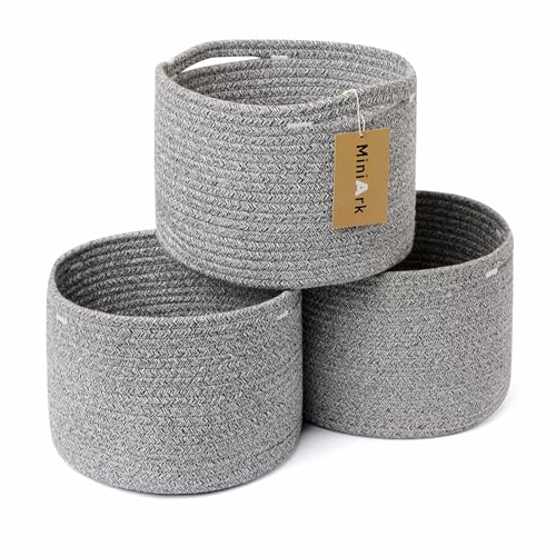 MiniArk Small Basket for Organizing | Cube Shelf Closet Storage Baskets | 9.7×9.7×7.1” | Woven Rope Gift Basket | Nursery | Round 3 Packs Mixed Grey - Image 1