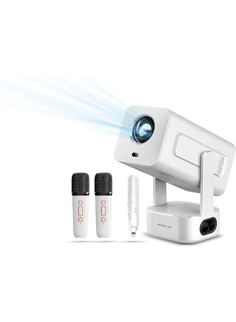 Merlin Ultra Mini Projector with WiFi & Built-in Apps, 600 ANSI Lumens Portable Projector, 200” Display, Auto Keystone, 8W Speaker, 2 Wireless Mics for Karaoke, Home Theater & Outdoor Use - Image 1