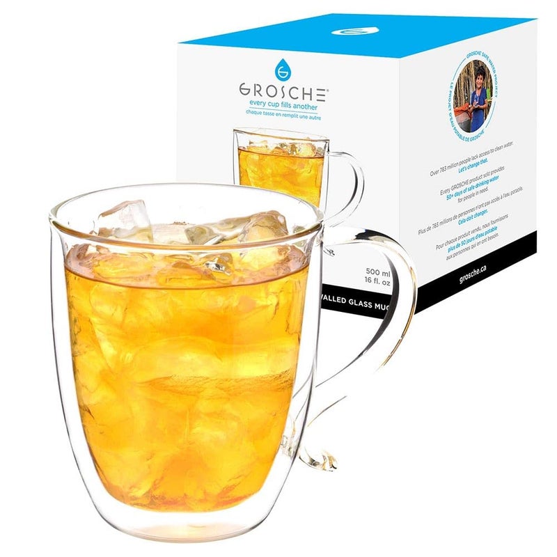 GROSCHE Cyprus 16 fl oz DoubleWall Glass Mug Espresso Latte Tea More Hot Cold Beverages Stylish Aesthetic Dishwasher Safe Heatproof Drinking Glassware