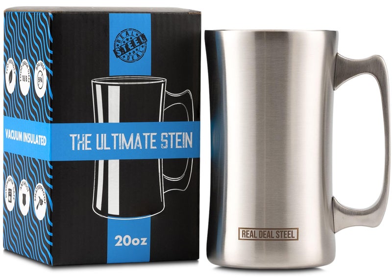 Real Deal Steel Real Deal Steel Stainless Steel Insulated Beer Mug Vacuum Beer Stein with Welded Handle  20oz Total Capacity  Large Metal Tankard for IPA Coffee  Double Walled Mug 
