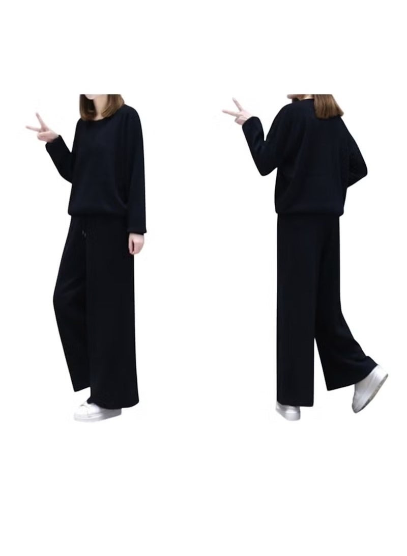 Huitich Women’s Black Two-Piece Casual Suit with Wide-Leg Pants – L - Image 1