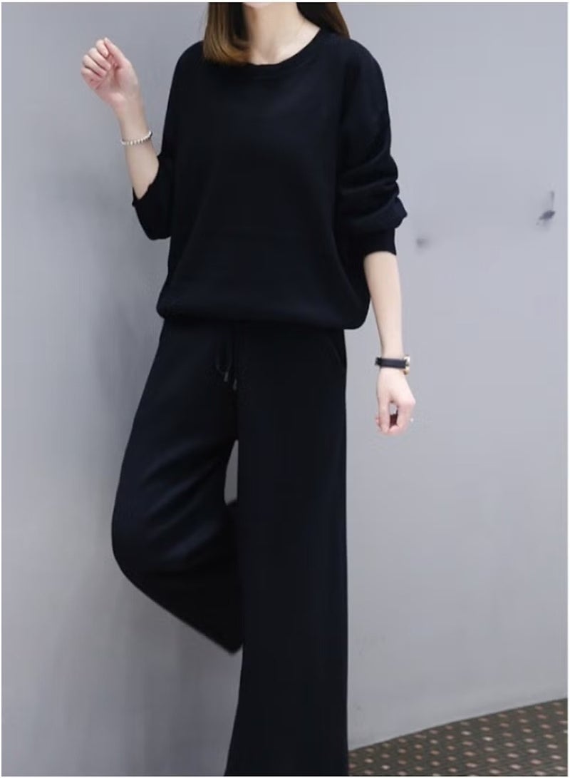 Huitich Women’s Black Two-Piece Casual Suit with Wide-Leg Pants – L - Image 2