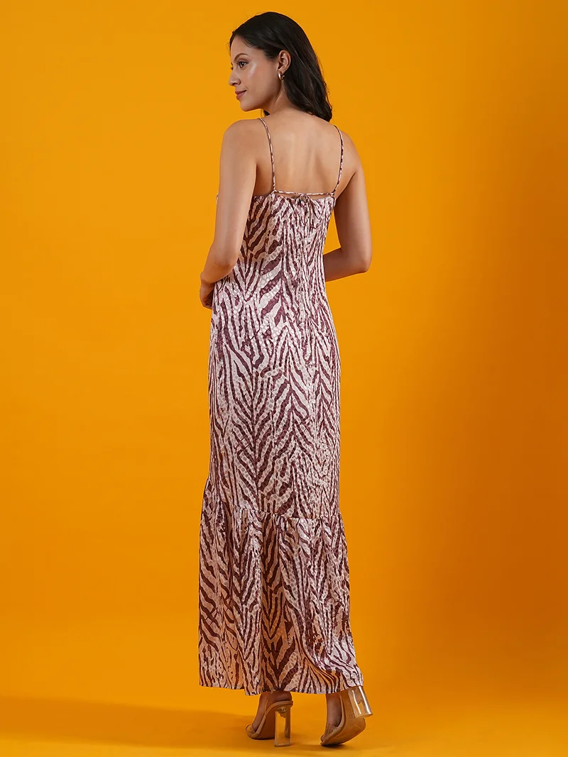 globus Women Brown Abstract Print Square Neck Satin Maxi Dress