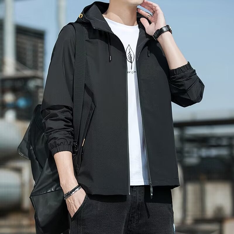 Jacket Men'S Casual Sports Coat Windproof Hooded Jacket Black Slim-Fit Upper Clothes - Image 2