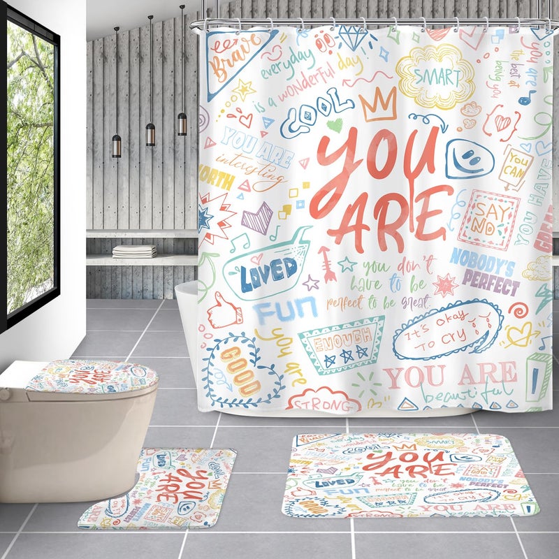 AMBZEK Neon Kids Inspirational Quotes 4Pcs Shower Curtain Sets 72Wx72L Inch You are Motivational Abstract Funny Colorful Artwork Cloth Fabric Waterproof Polyester Bathroom Decor Set with 12 Pack Hooks - Image 1
