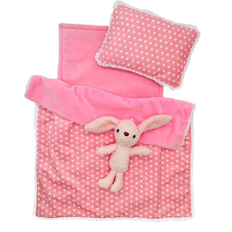 Ferberbears Baby Doll Accessories Bedding Set Soft Blanket Mattress Pillow Dolls Playset Fits 16-18 Inches American Doll Furniture Toy Girls and Boys (Pink) - Image 1