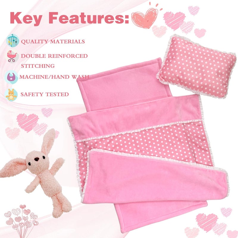 Ferberbears Baby Doll Accessories Bedding Set Soft Blanket Mattress Pillow Dolls Playset Fits 16-18 Inches American Doll Furniture Toy Girls and Boys (Pink) - Image 2