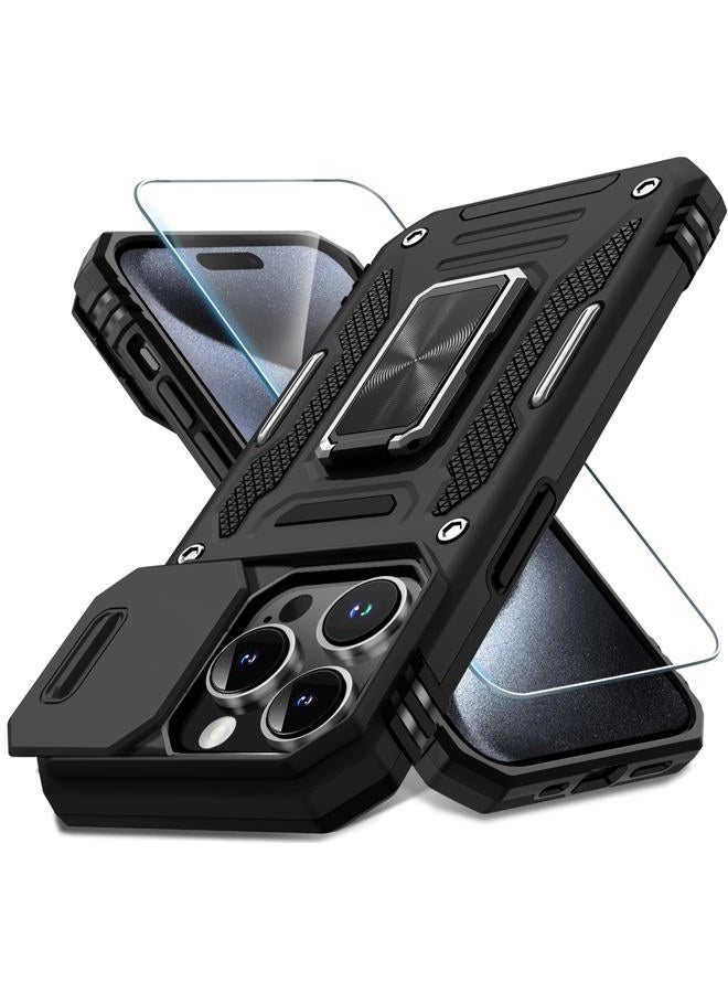 DEERLAMN Case for iPhone 15 Pro with Slide Camera Cover+Screen Protector(1 Pack), Rotated Ring Kickstand Military Grade Shockproof Protective Cover 6.1 Inch-Black - Image 1