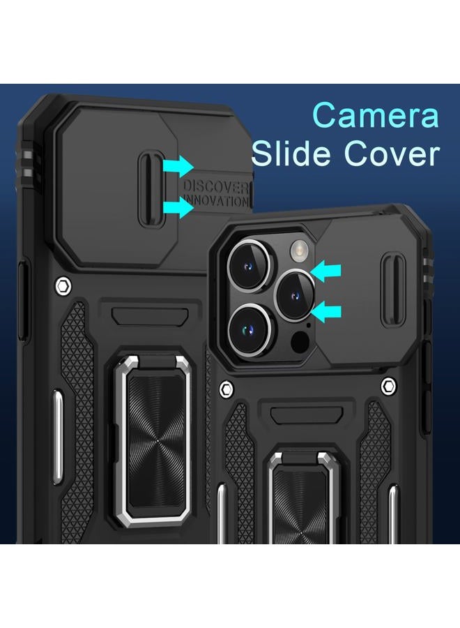 DEERLAMN Case for iPhone 15 Pro with Slide Camera Cover+Screen Protector(1 Pack), Rotated Ring Kickstand Military Grade Shockproof Protective Cover 6.1 Inch-Black - Image 3