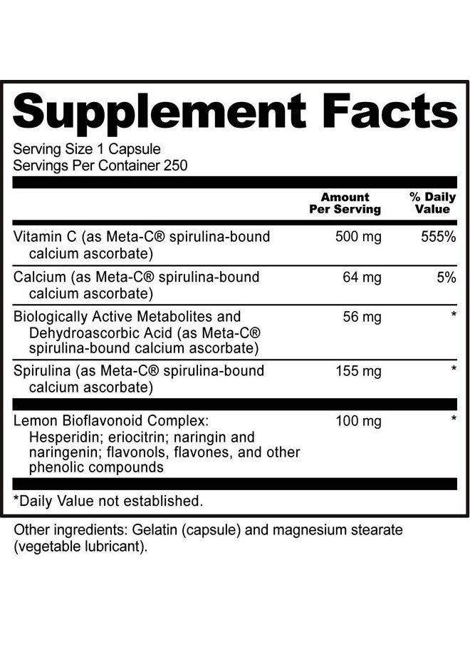 Metac Capsules 500 Mg Spirulinabound Vitamin C 250 Count ; Buffered With Calcium Biologically Active Spirulina Metabolites & Lemon Bioflavonoids ; Antioxidant & Collagen Support