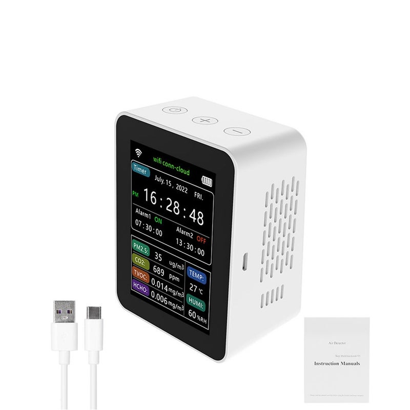 Air Quality Monitor: White, Portable, Large Display - Tuya WiFi Smart Detector with PM2.5, CO2, TVOC, HCHO, Temperature & Humidity - Image 1