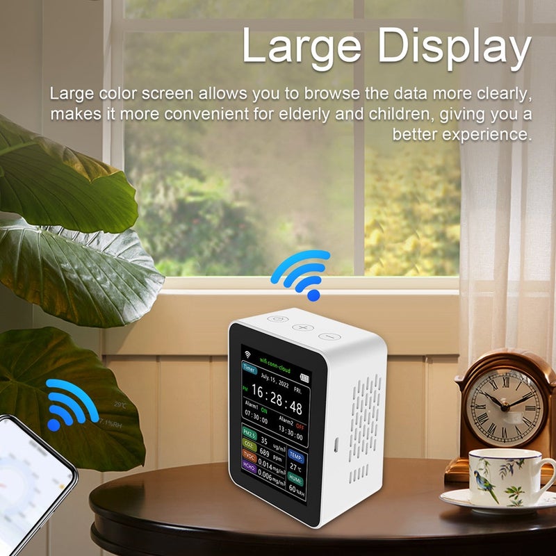 Air Quality Monitor: White, Portable, Large Display - Tuya WiFi Smart Detector with PM2.5, CO2, TVOC, HCHO, Temperature & Humidity - Image 3