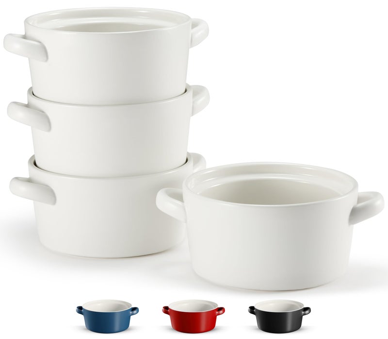Kook Soup Crocks Ceramic Stackable Bowls Broil Oven Microwave and Dishwasher Safe with Handles For Casserole Pasta Cereal 236 oz Set of 4 Matte White