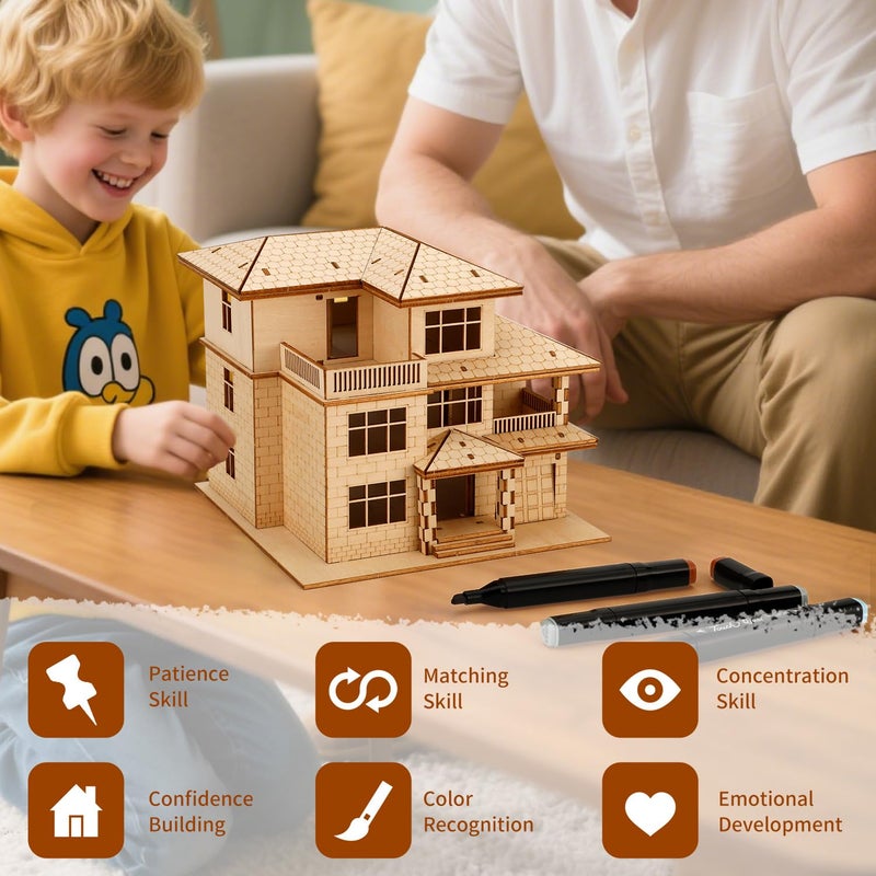 FOKKAH 3D Wooden Puzzles for Adults,DIY Color Modern Villa Wooden Model Kits,Creative Art Ornaments,Gift on Birthday - Image 4