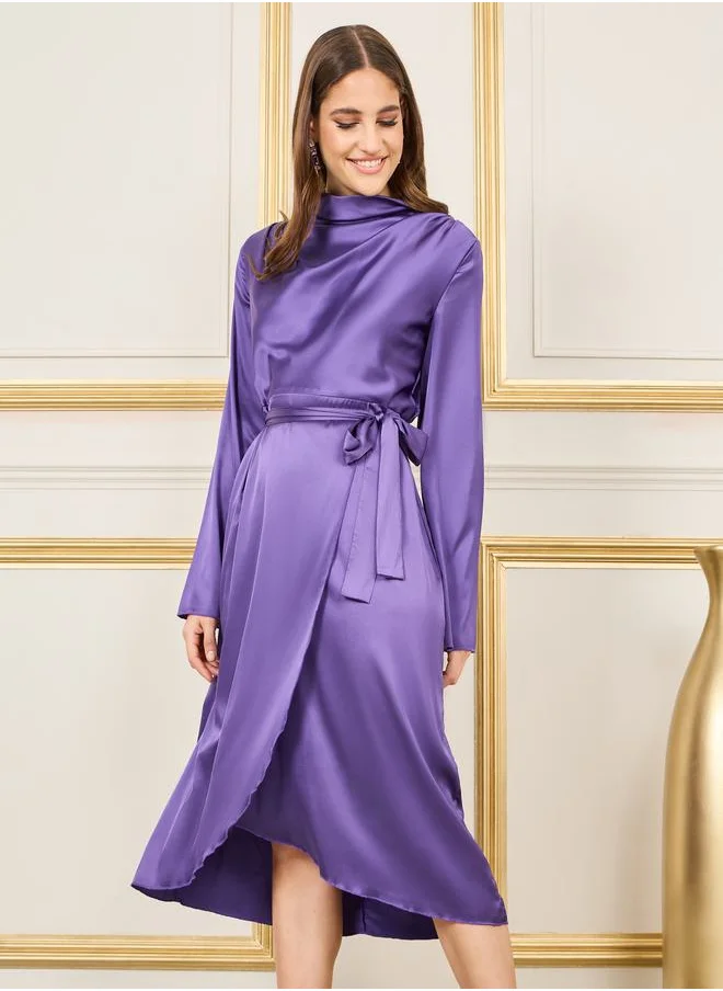 ستايلي Satin High Neck Self Tie Up A-Line Midi Dress