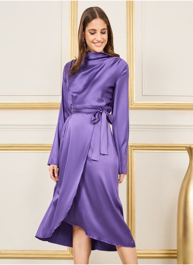 Styli - Satin High Neck Self Tie Up A-Line Midi Dress - Image 1