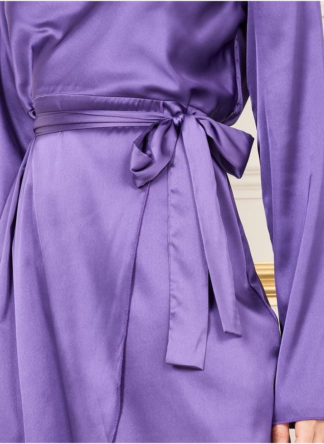 Styli - Satin High Neck Self Tie Up A-Line Midi Dress - Image 1